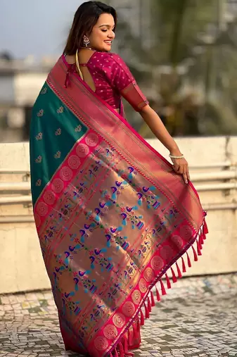 Green woven design zari silk blend paithani saree