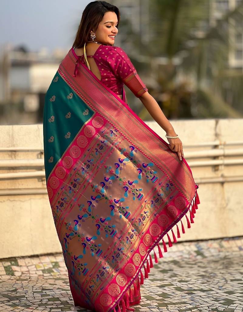 Green woven design zari silk blend paithani saree