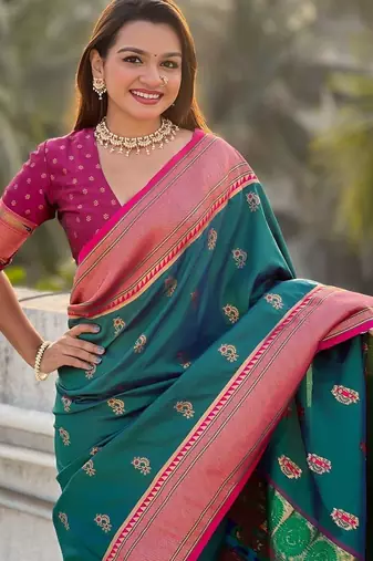 Green woven design zari silk blend paithani saree