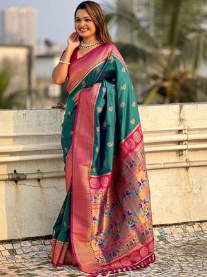 Green woven design zari silk blend paithani saree 5