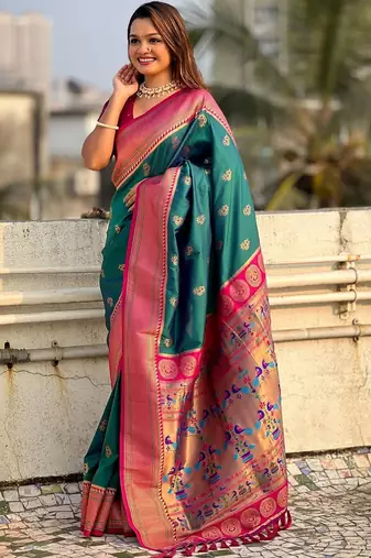 Green woven design zari silk blend paithani saree