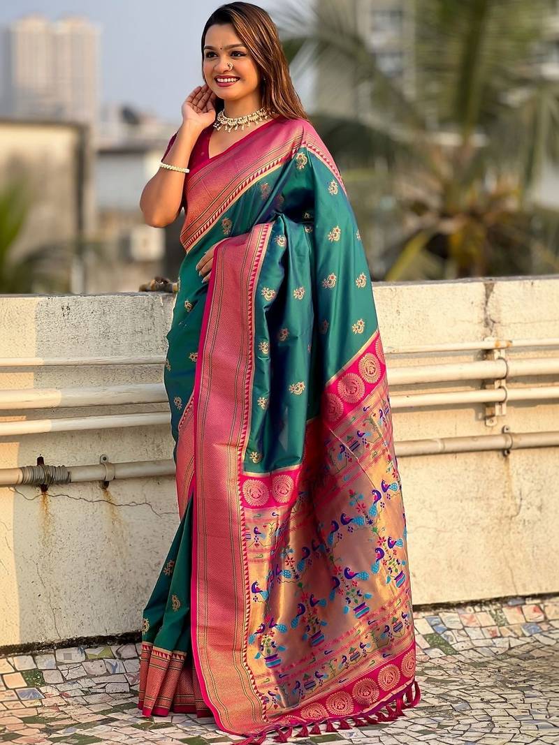 Green woven design zari silk blend paithani saree