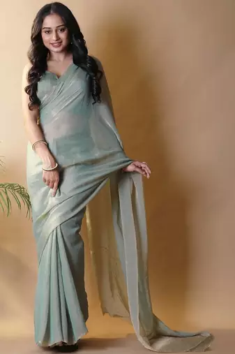 Sea green georgette silk saree with blouse piece