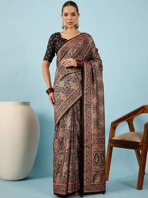 Black ethnic motifs zari silk blend heavy work banarasi saree 1