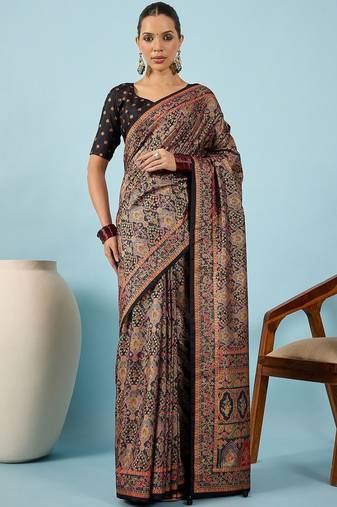 Black ethnic motifs zari silk blend heavy work banarasi saree