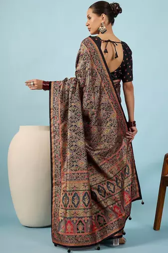 Black ethnic motifs zari silk blend heavy work banarasi saree