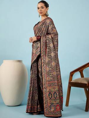 Black ethnic motifs zari silk blend heavy work banarasi saree 3