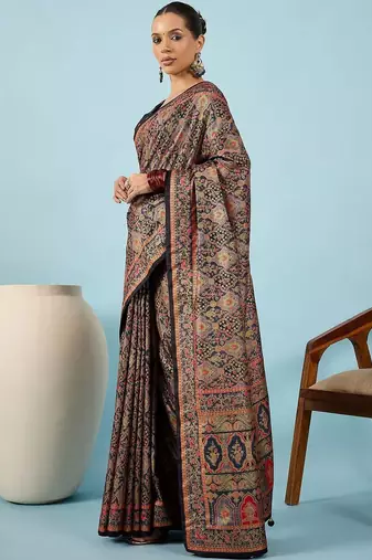 Black ethnic motifs zari silk blend heavy work banarasi saree