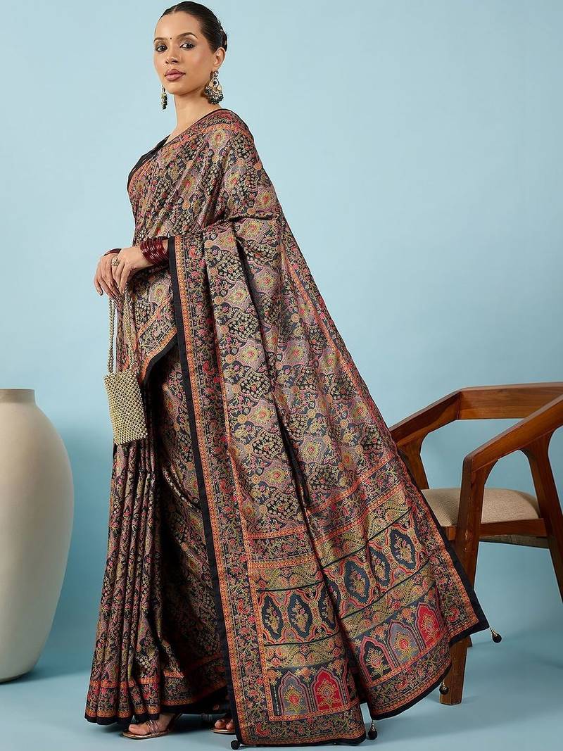 Black ethnic motifs zari silk blend heavy work banarasi saree