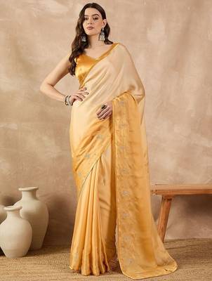 Yellow ombre embroidered satin saree 1