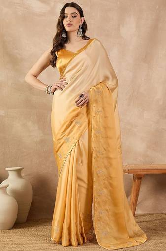 Yellow ombre embroidered satin saree