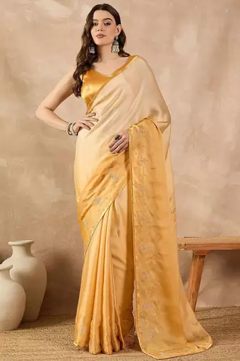 Yellow ombre embroidered satin saree
