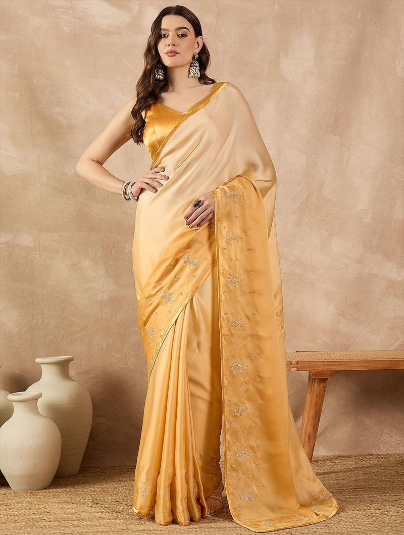 Yellow ombre embroidered satin saree