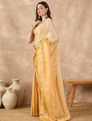 Yellow ombre embroidered satin saree 2