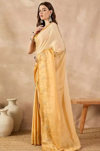 Yellow ombre embroidered satin saree