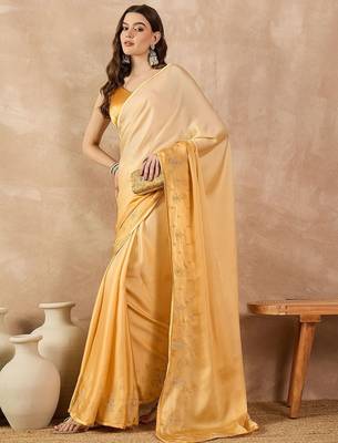 Yellow ombre embroidered satin saree 4