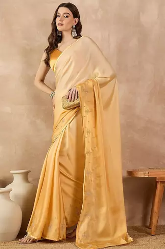 Yellow ombre embroidered satin saree