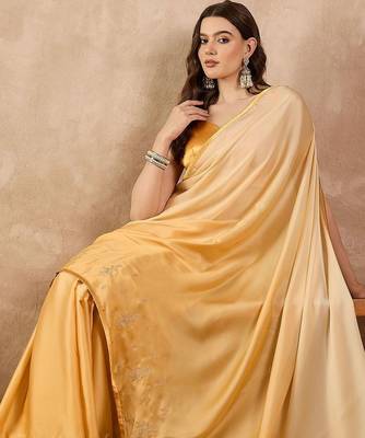 Yellow ombre embroidered satin saree 5