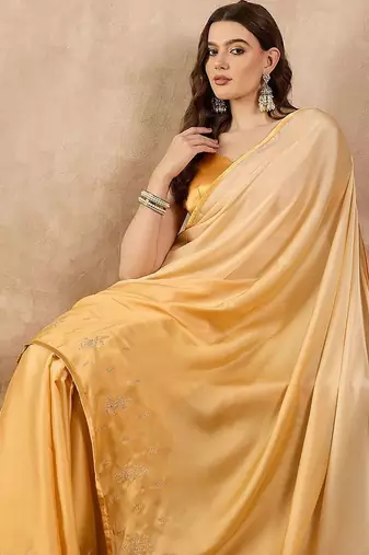 Yellow ombre embroidered satin saree
