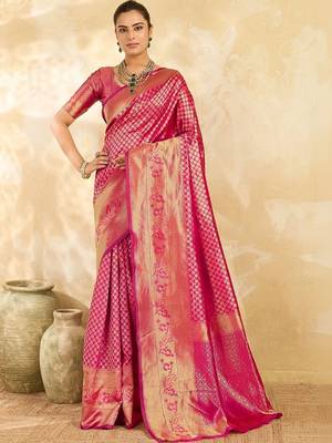 Pink floral zari silk blend designer banarasi saree 1