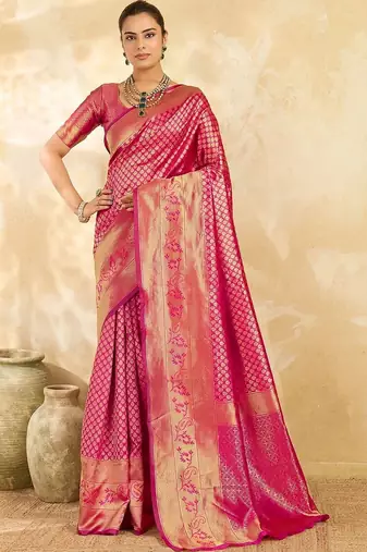 Pink floral zari silk blend designer banarasi saree