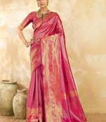 Pink floral zari silk blend designer banarasi saree