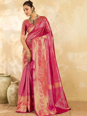Pink floral zari silk blend designer banarasi saree 2