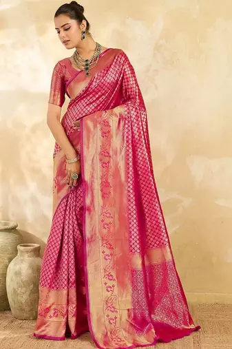 Pink floral zari silk blend designer banarasi saree