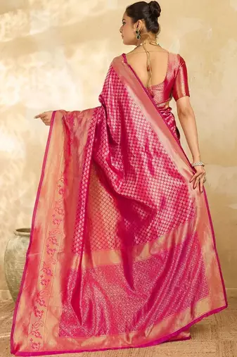 Pink floral zari silk blend designer banarasi saree