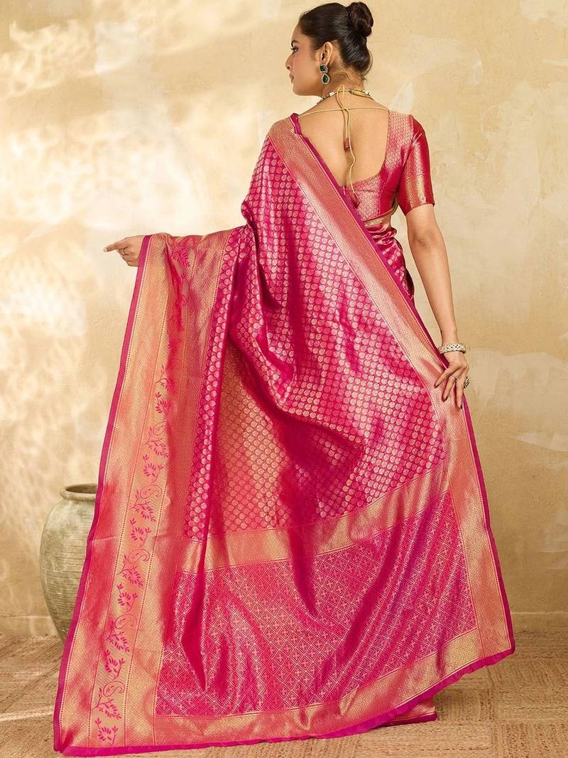 Pink floral zari silk blend designer banarasi saree