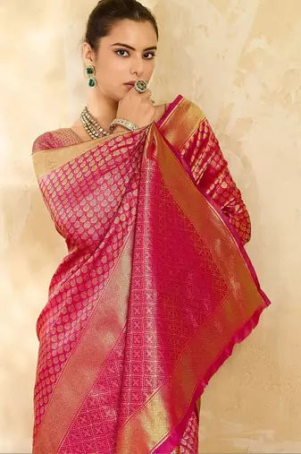 Pink floral zari silk blend designer banarasi saree