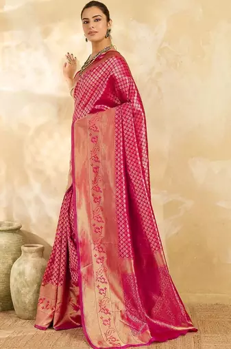 Pink floral zari silk blend designer banarasi saree