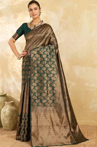 Green paisley zari silk blend designer banarasi saree