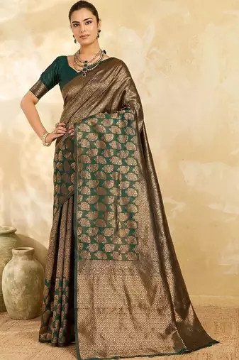 Green paisley zari silk blend designer banarasi saree