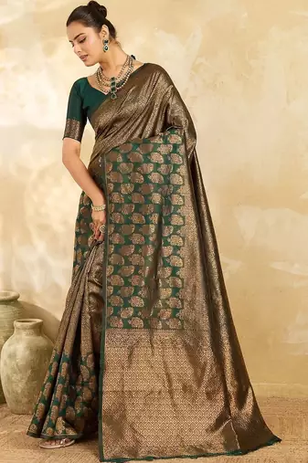 Green paisley zari silk blend designer banarasi saree
