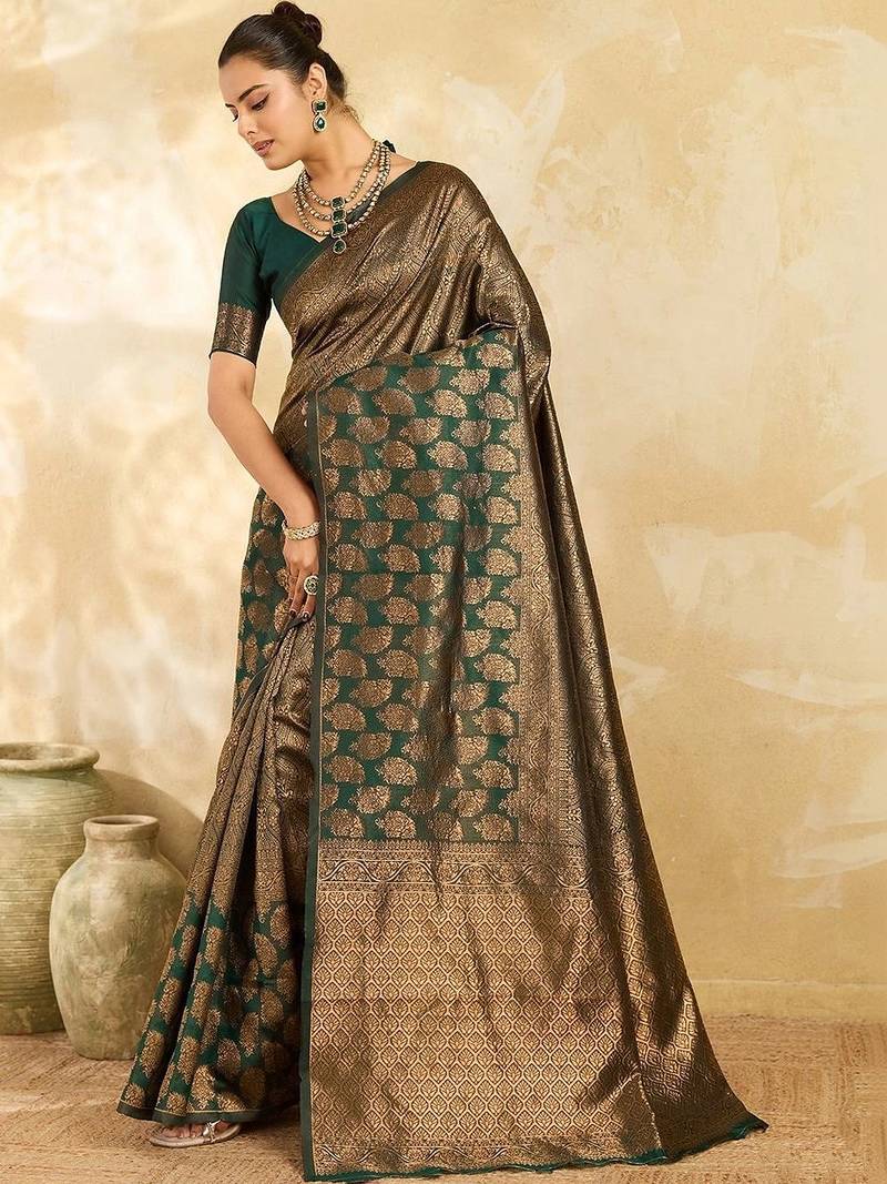 Green paisley zari silk blend designer banarasi saree
