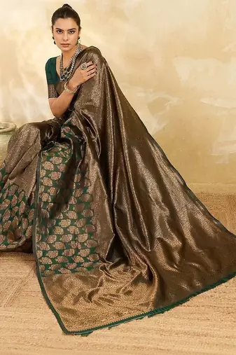 Green paisley zari silk blend designer banarasi saree