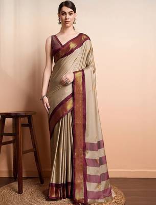 Beige woven design zari art silk kanjeevaram saree 1
