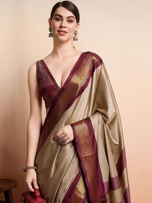 Beige woven design zari art silk kanjeevaram saree 2