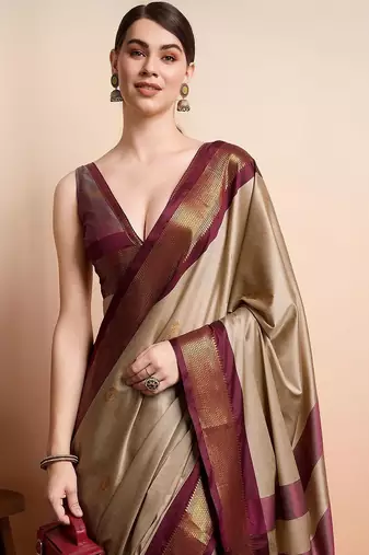 Beige woven design zari art silk kanjeevaram saree