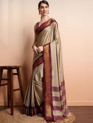 Beige woven design zari art silk kanjeevaram saree 3