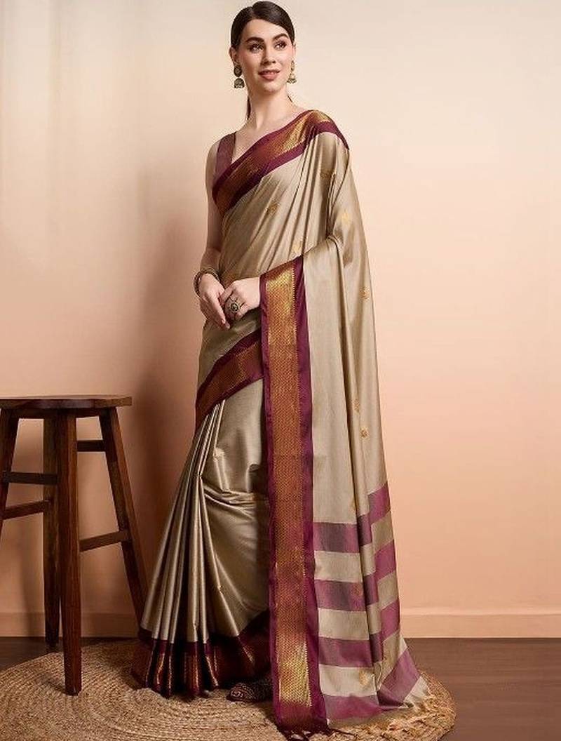 Beige woven design zari art silk kanjeevaram saree