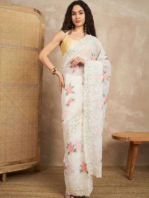 White floral chikankari  georgette saree 1