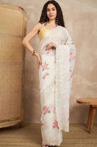 White floral chikankari  georgette saree