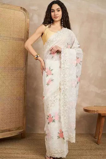 White floral chikankari  georgette saree