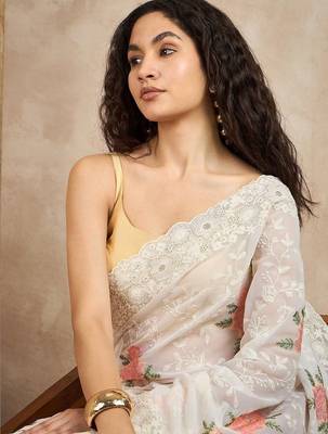 White floral chikankari  georgette saree 2