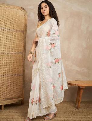 White floral chikankari  georgette saree 3