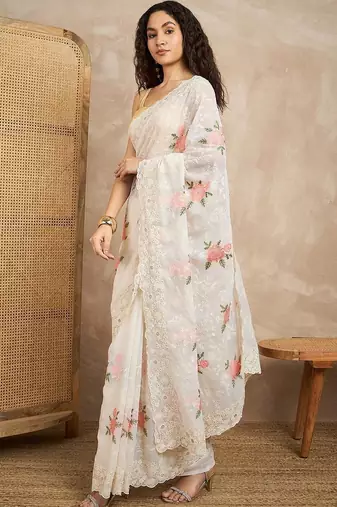 White floral chikankari  georgette saree