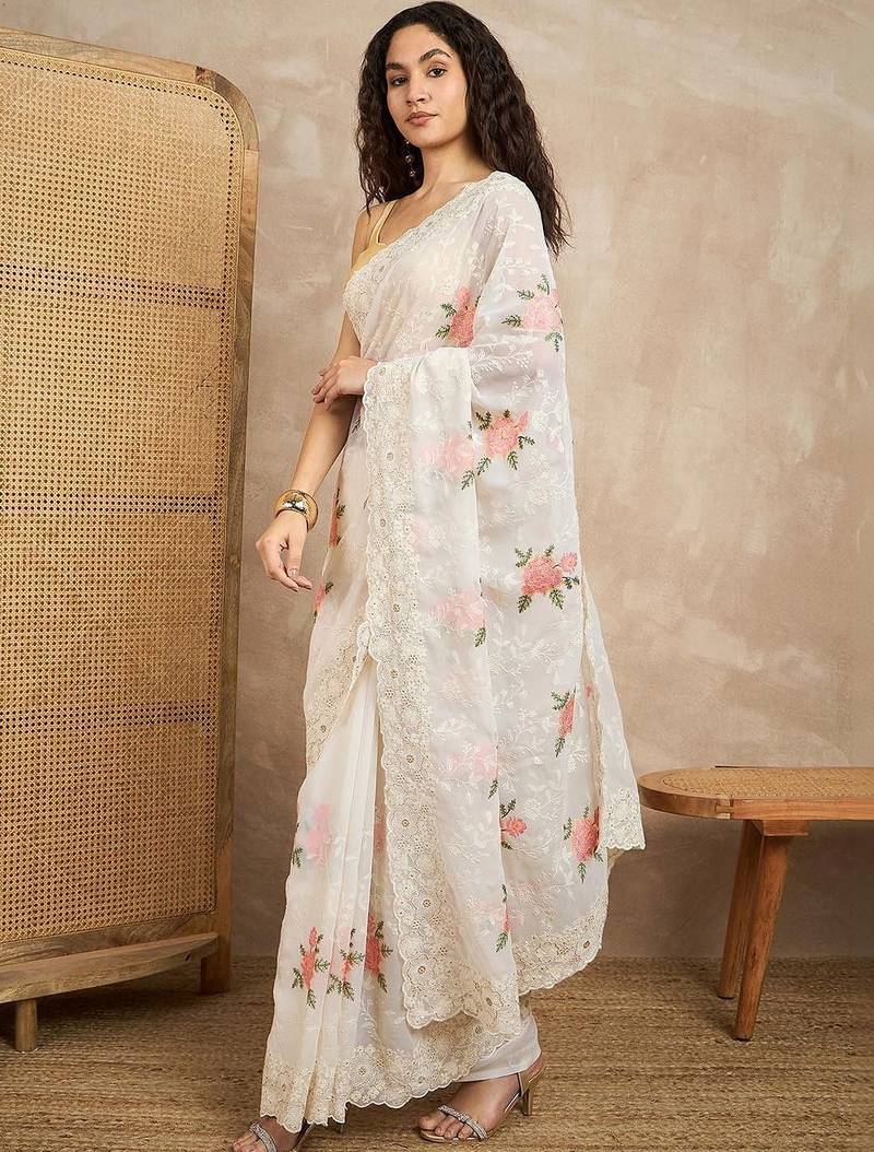 White floral chikankari  georgette saree