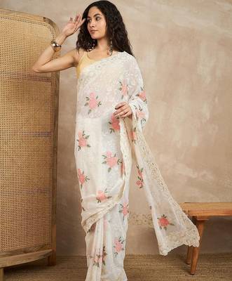 White floral chikankari  georgette saree 4
